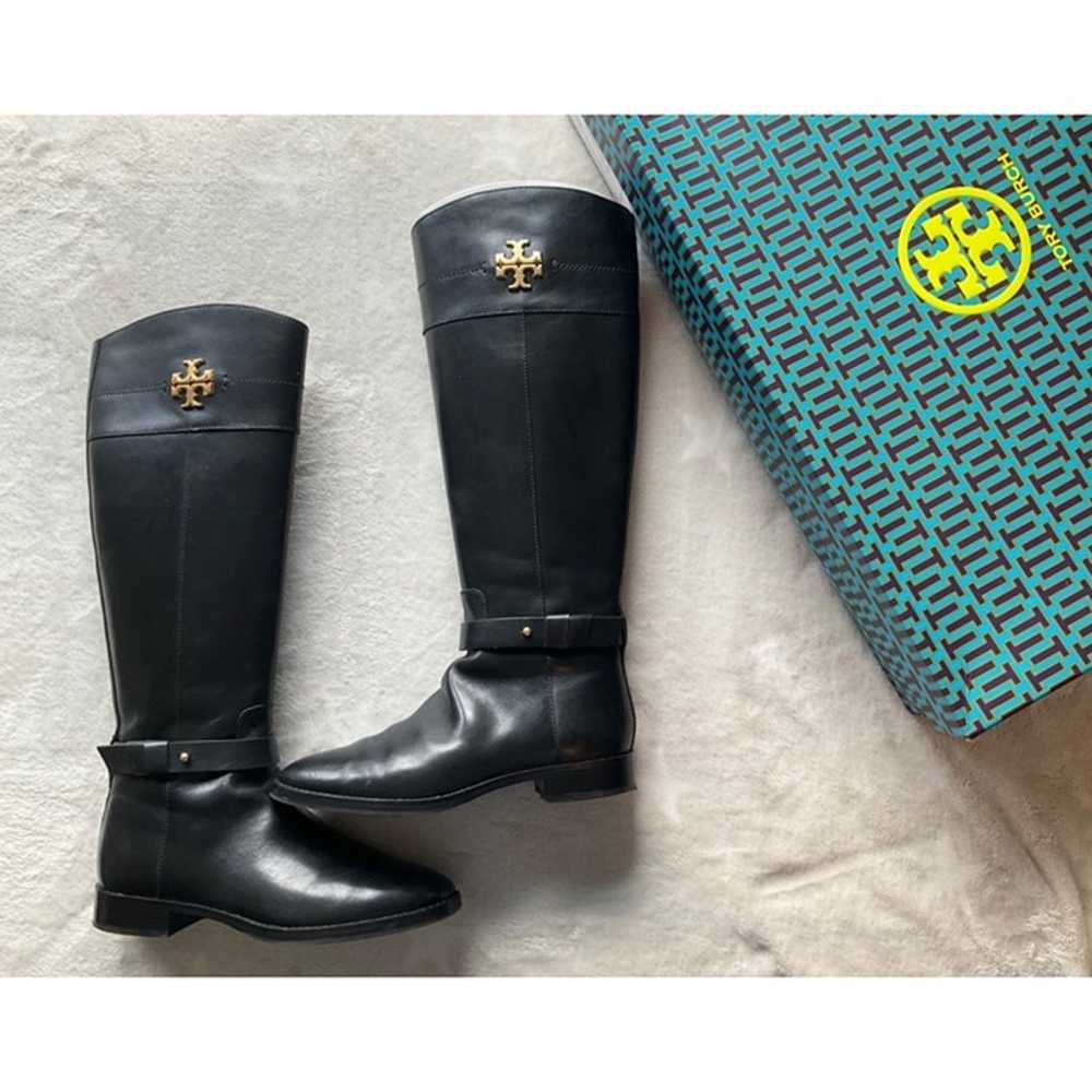 Tory Burch Everly Black Logo Knee High Leather Ri… - image 1