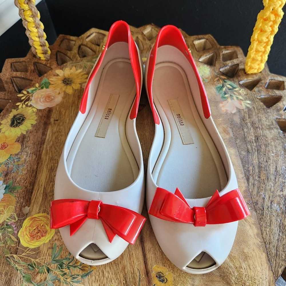 Melissa Queen V Bow Peep Toe Flats in Red and Ivo… - image 2