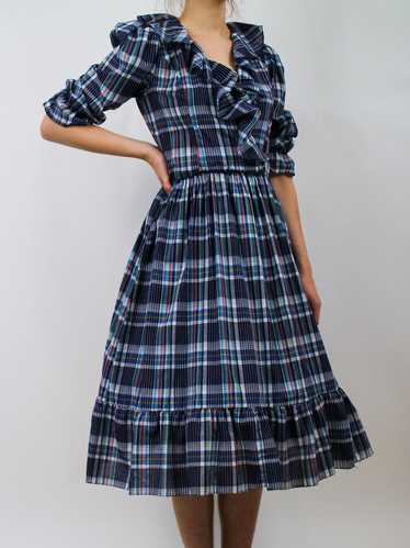 1980s Plaid Ruffle Collar Puff Sleeve Dress