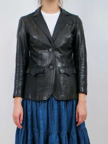 1970s Miss Pioneer Black Leather Button Up Jacket