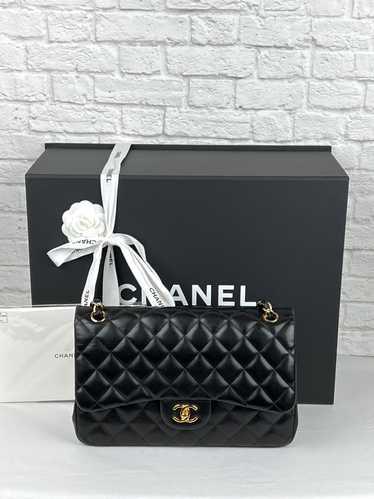 Chanel Lambskin Quilted Jumbo Double Flap, Black/G