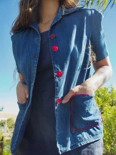 1940s Ladies Puff Sleeve Denim Blanket Stitch Work