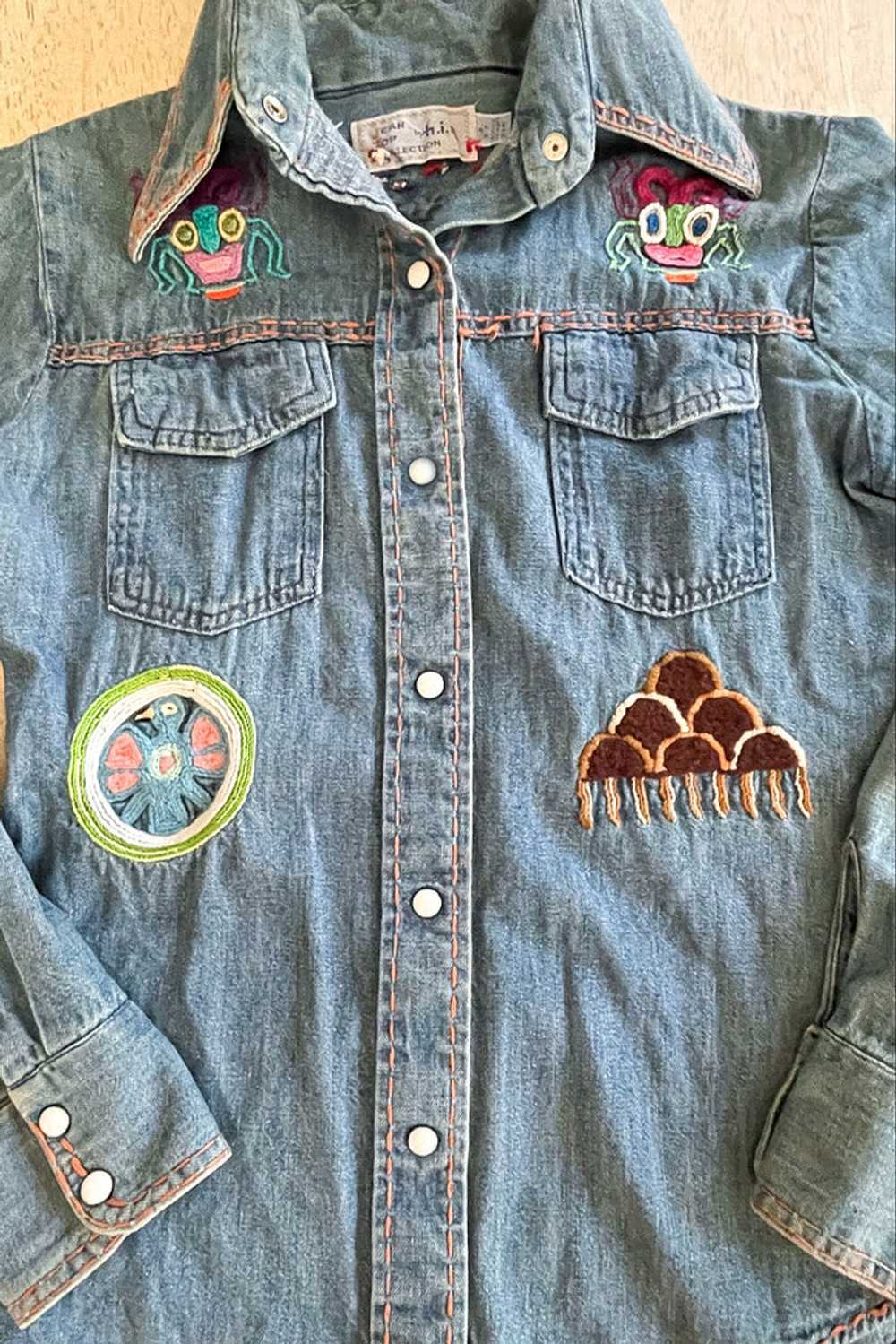 Vintage 60s/70s Hand Embroidered Denim Shirt, Pea… - image 1