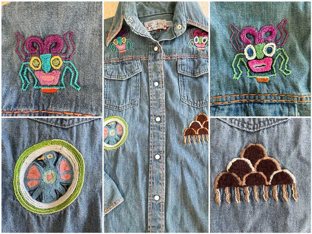 Vintage 60s/70s Hand Embroidered Denim Shirt, Pea… - image 4