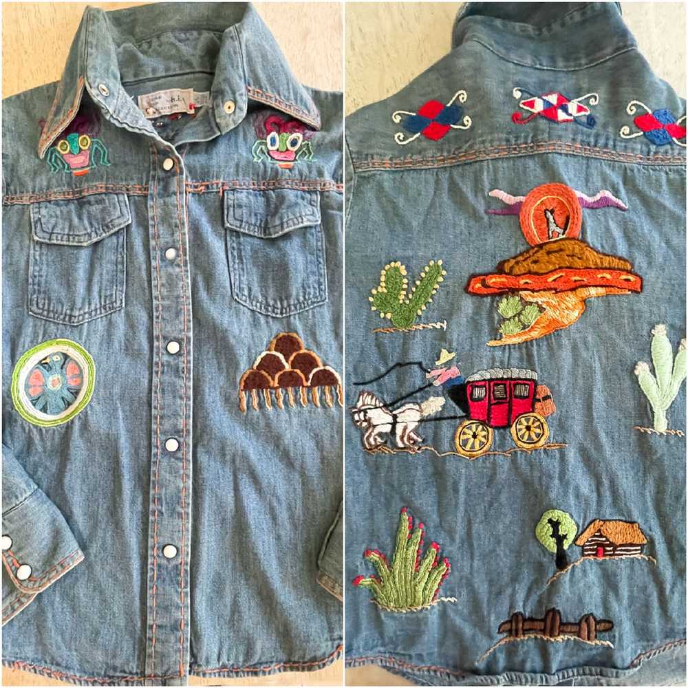 Vintage 60s/70s Hand Embroidered Denim Shirt, Pea… - image 6