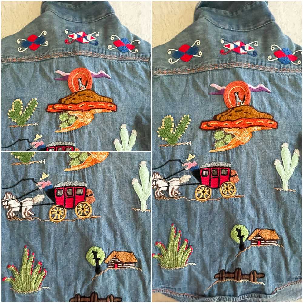 Vintage 60s/70s Hand Embroidered Denim Shirt, Pea… - image 8