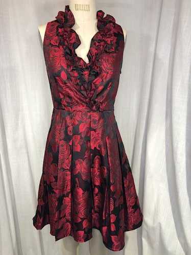 Vintage 90s Black & Red Rose Print Ruffle Cocktail