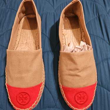 Tory Burch Coral Pink Canvas Espadrilles Flats