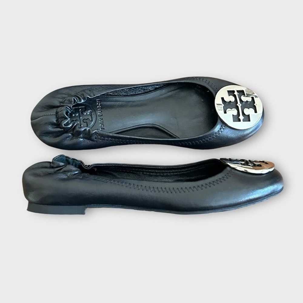 Tory Burch Reva Ballet Flats 5 Black Leather Silv… - image 4