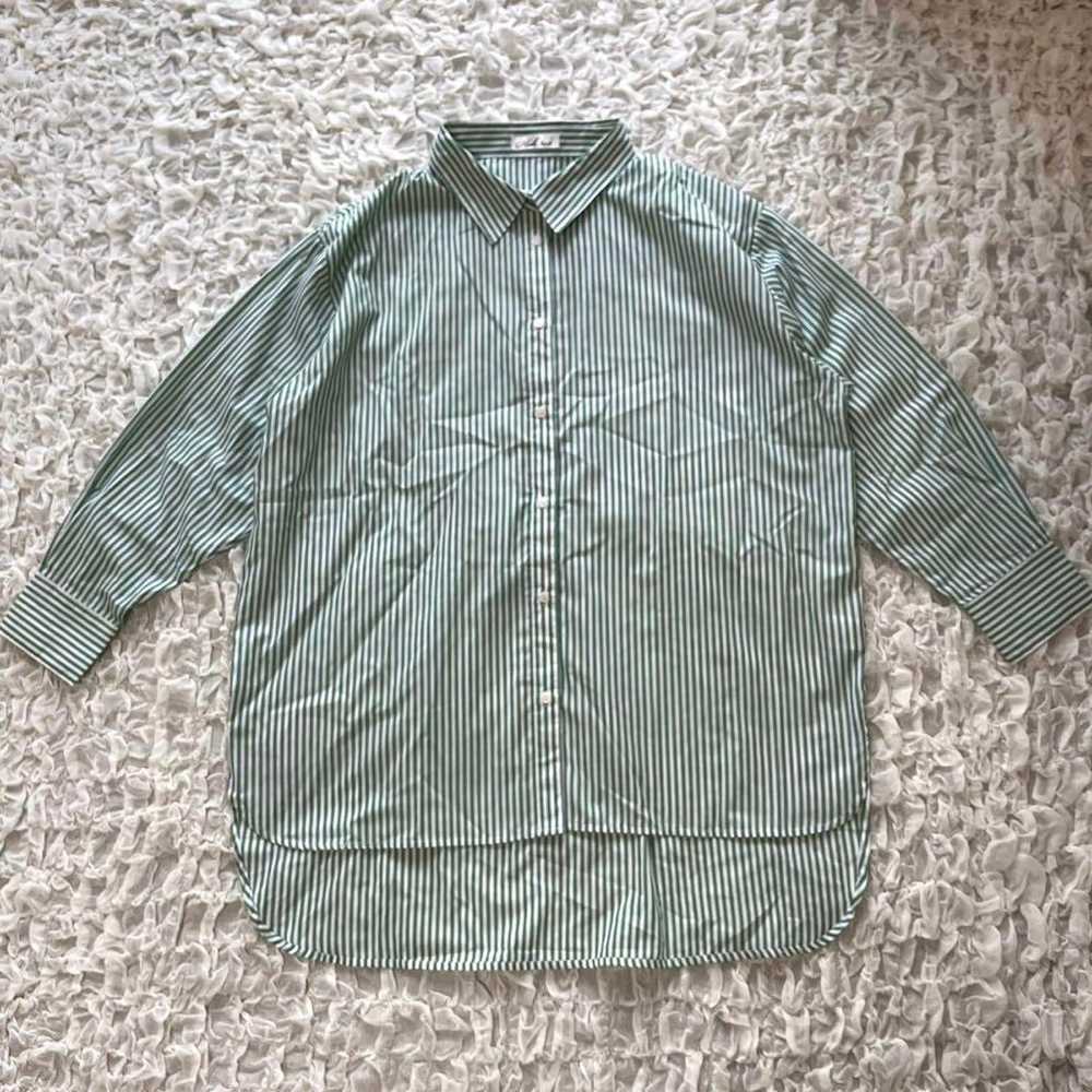 Shimamura Striped Shirt Long Sleeve Green Loose F… - image 1