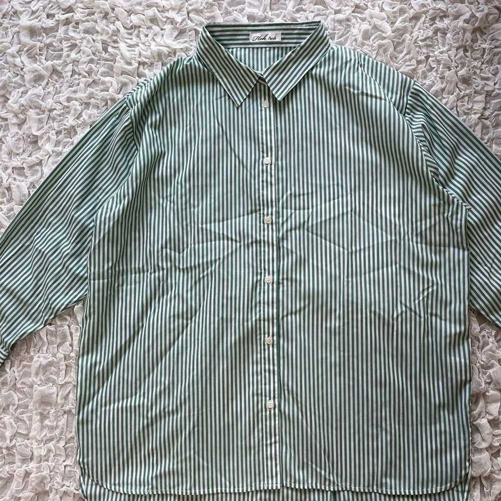 Shimamura Striped Shirt Long Sleeve Green Loose F… - image 2