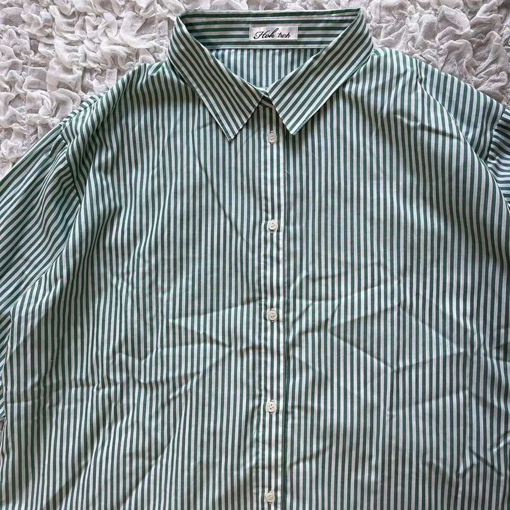 Shimamura Striped Shirt Long Sleeve Green Loose F… - image 3