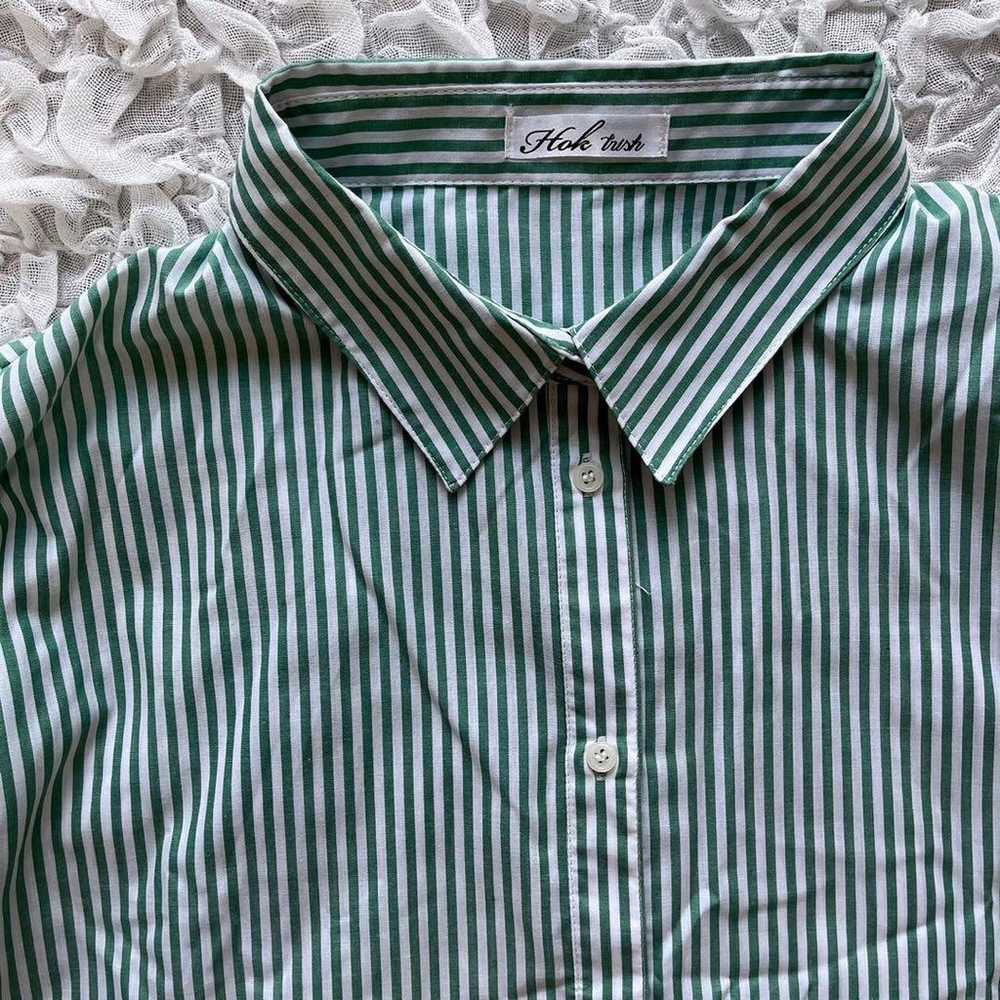 Shimamura Striped Shirt Long Sleeve Green Loose F… - image 4