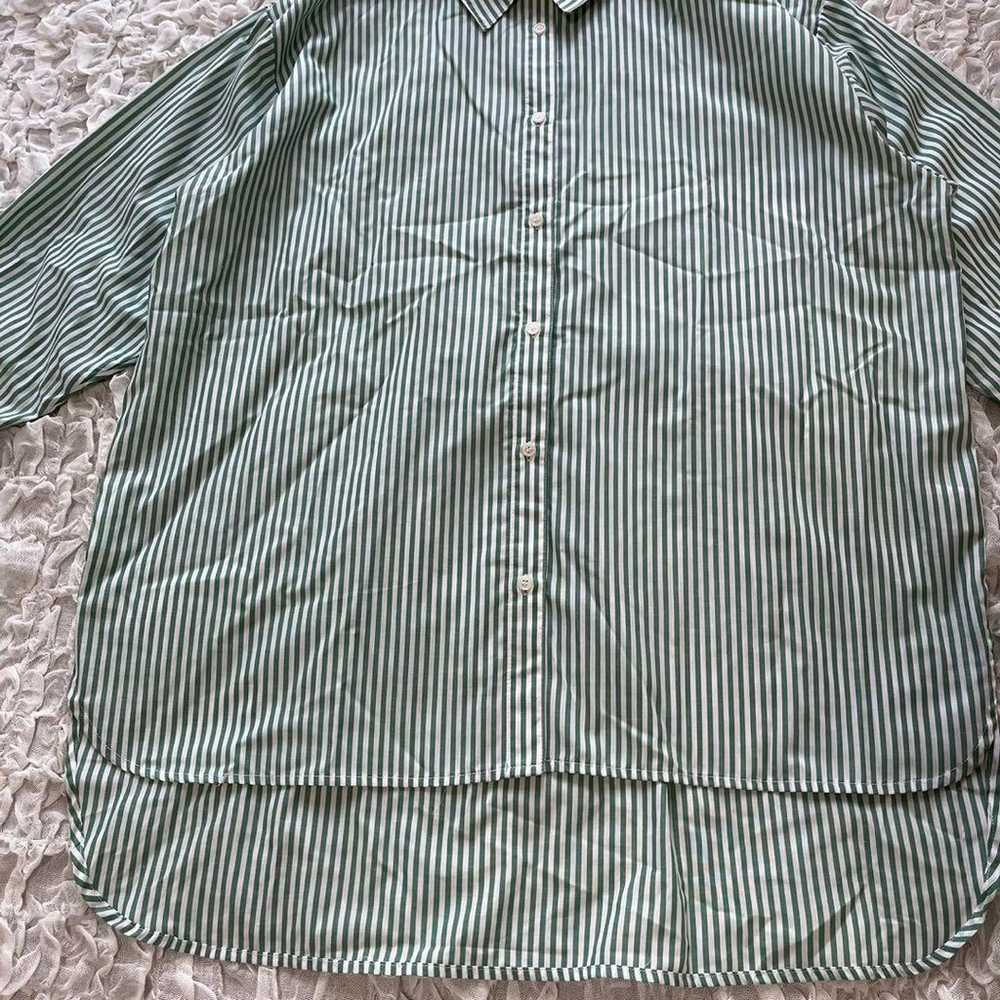 Shimamura Striped Shirt Long Sleeve Green Loose F… - image 7