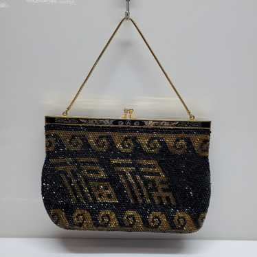 VTG BLACK/GOLD BEADED CLUTCH PURSE 9.5x6.5x3in - image 1