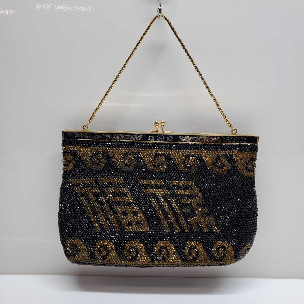 VTG BLACK/GOLD BEADED CLUTCH PURSE 9.5x6.5x3in - image 2