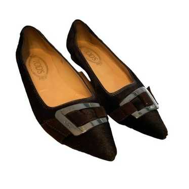 Tod's Flats Black Faux Fur Suede Leather Buckle Em