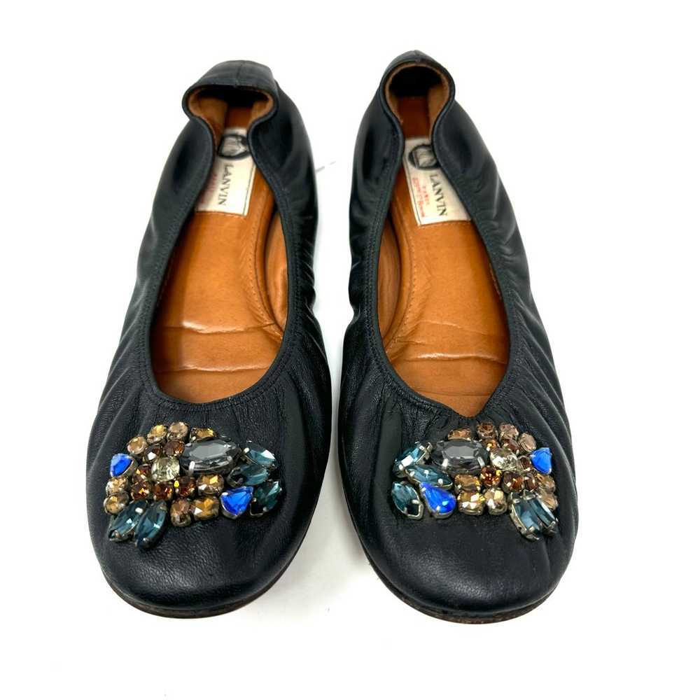 LANVIN black leather, jeweled ballet flats, size … - image 2