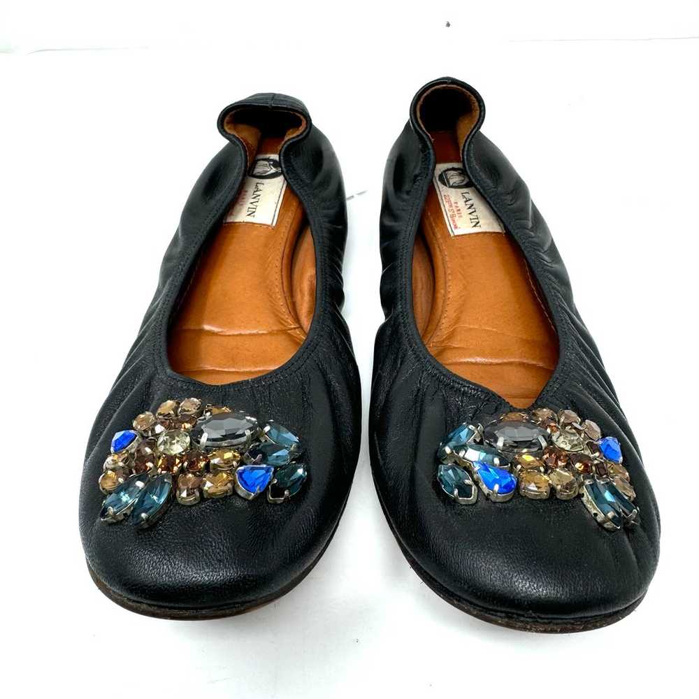 LANVIN black leather, jeweled ballet flats, size … - image 3