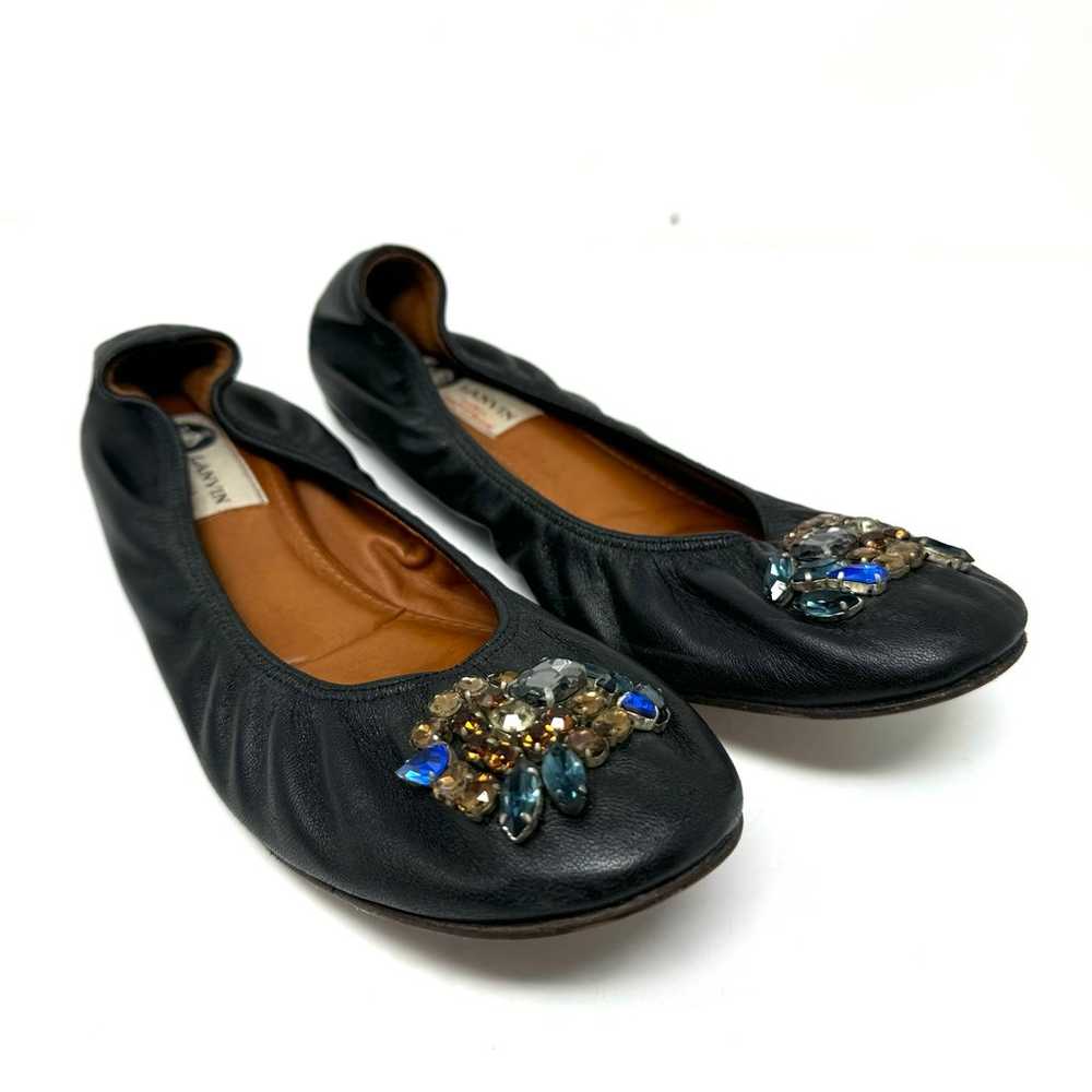 LANVIN black leather, jeweled ballet flats, size … - image 4