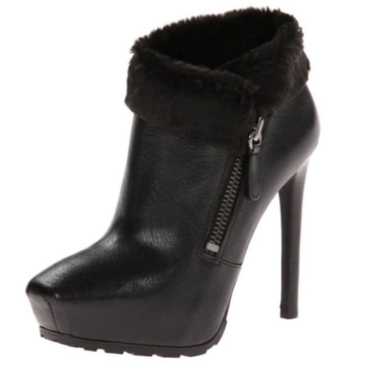 Guess IVORIE Black Leather Faux Fur Trim Booties