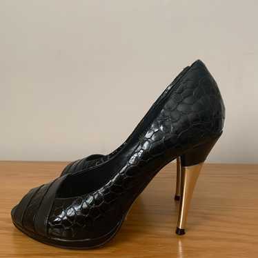 High Heels Faux Alligator Open Toe Black Shoes Wo… - image 1