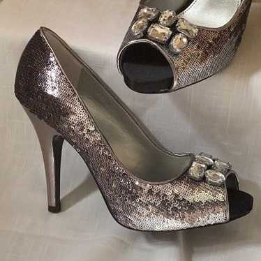 NINA sequin peep toe heels w jewels EUC - image 1