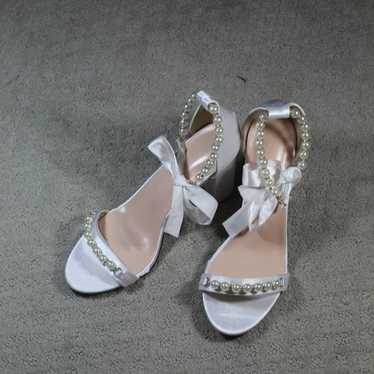 Gorgeous! White Satin & Pearl Block Heel Wedding S