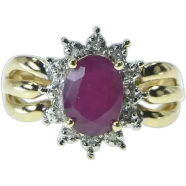 14K Oval Natural Ruby Diamond Halo Statement Ring… - image 1