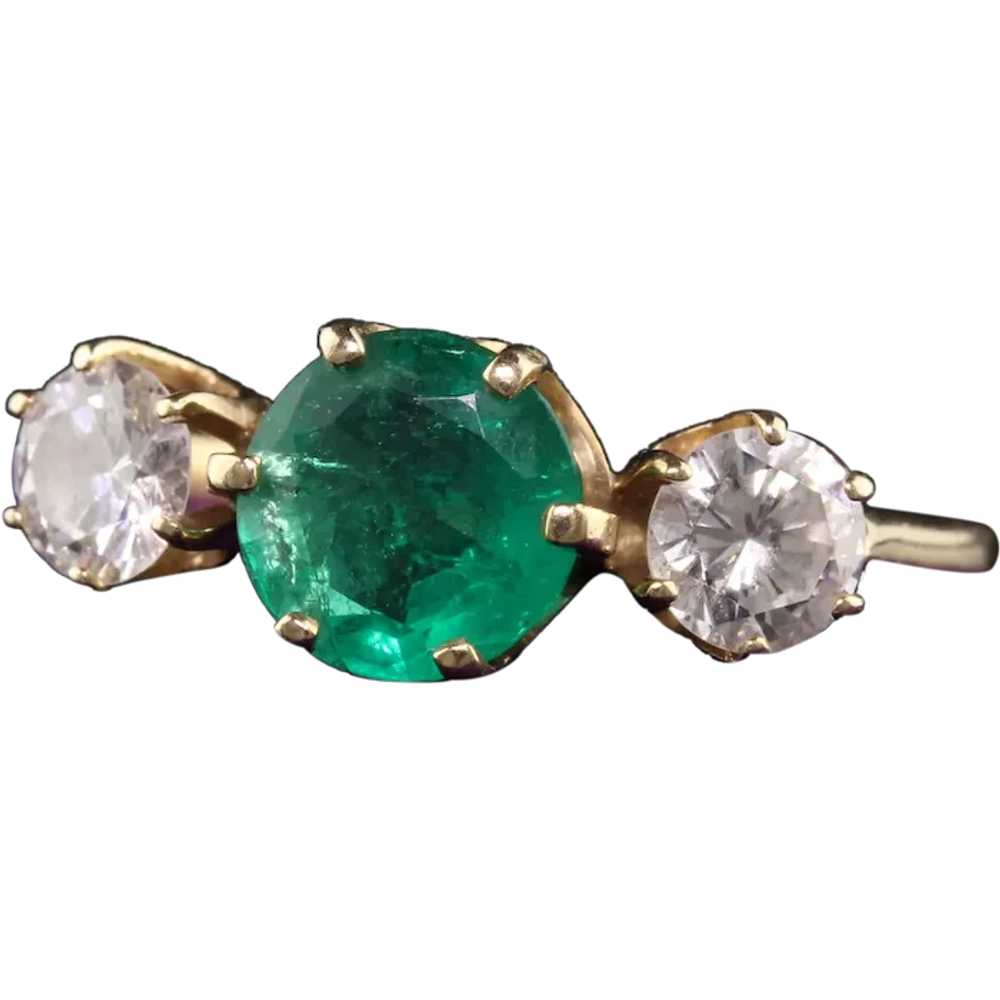 Vintage Retro 14K Yellow Gold Emerald and Diamond… - image 1