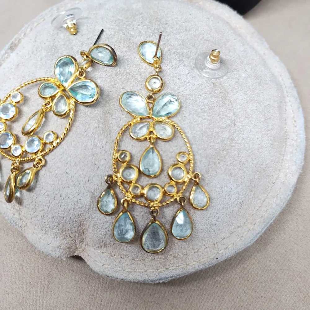 Pale Blue Crystal on Gold Plated Chandelier Earri… - image 9