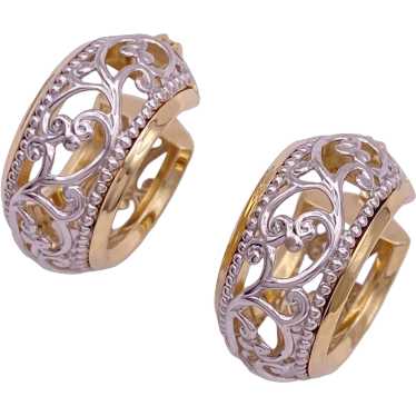 Wide Ornate Filigree Hoop Earrings 14K Two-Tone Go