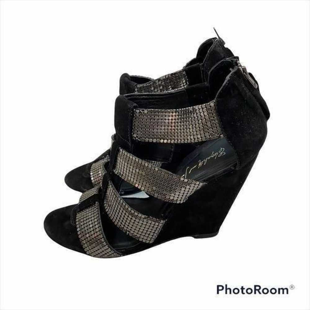 Elizabeth and James Black Suede and Metal Wedges … - image 1