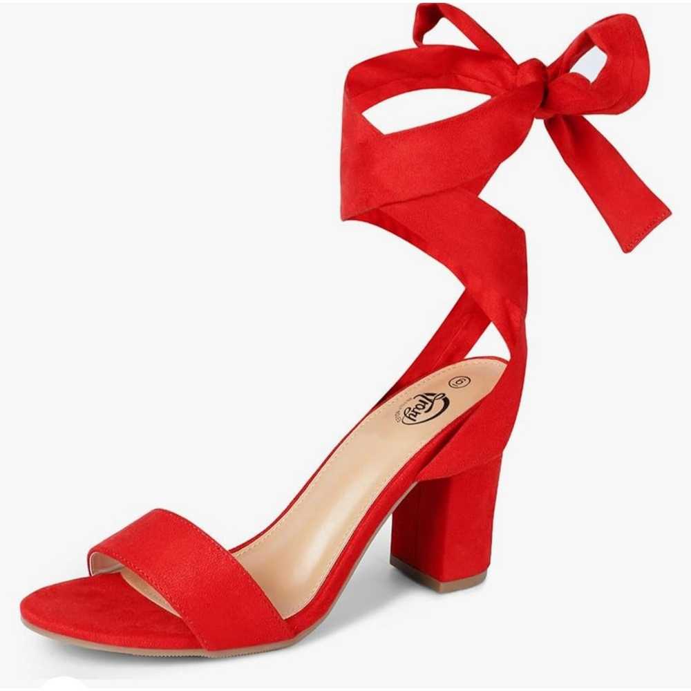 Trary Red Lace-Up Chunky Heels for Women Strappy,… - image 3