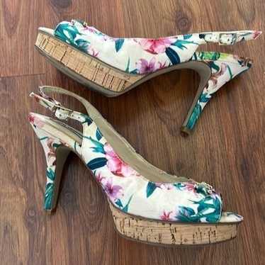 Karl Lagerfeld floral cork peep toe heels platform