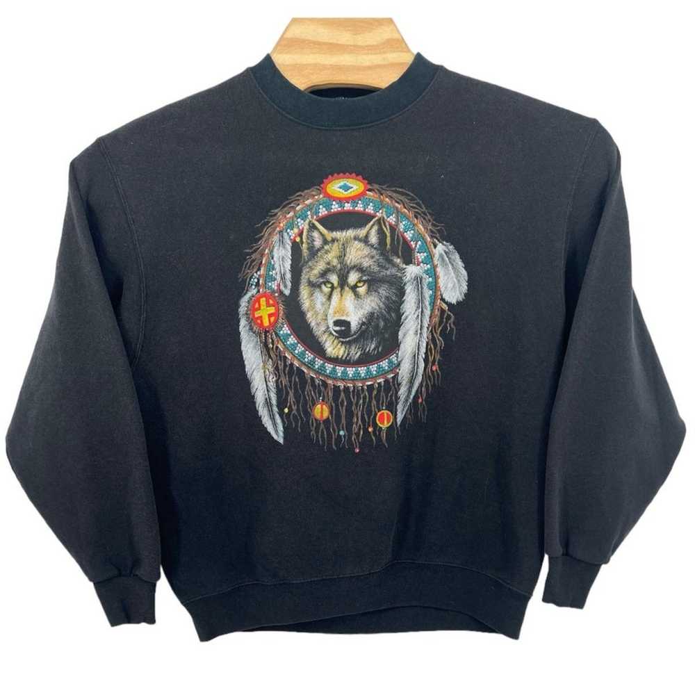 Vintage 90s men's black wolf dreamcatcher tribal … - image 1