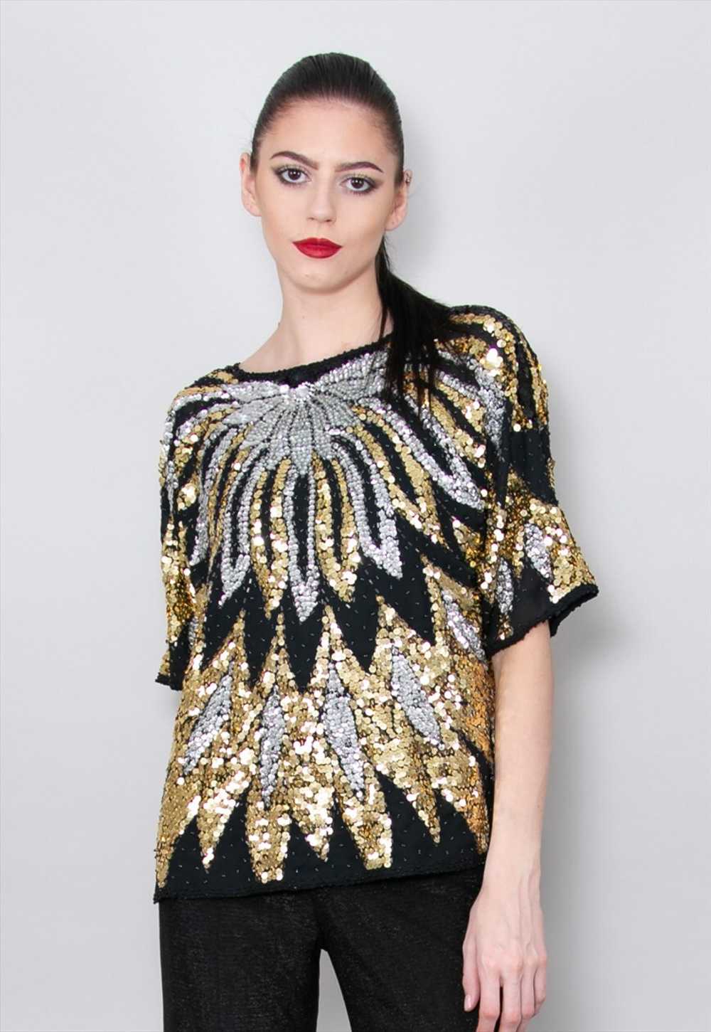 80's Vintage Black Sequin Gold Silver Ladies Even… - image 2