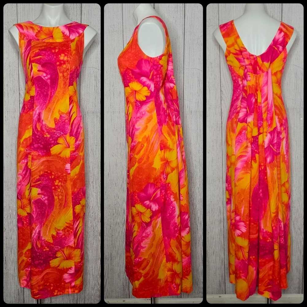 Vintage 60s Kay O'Kauai Orange & Pink Hawaiian Fl… - image 1