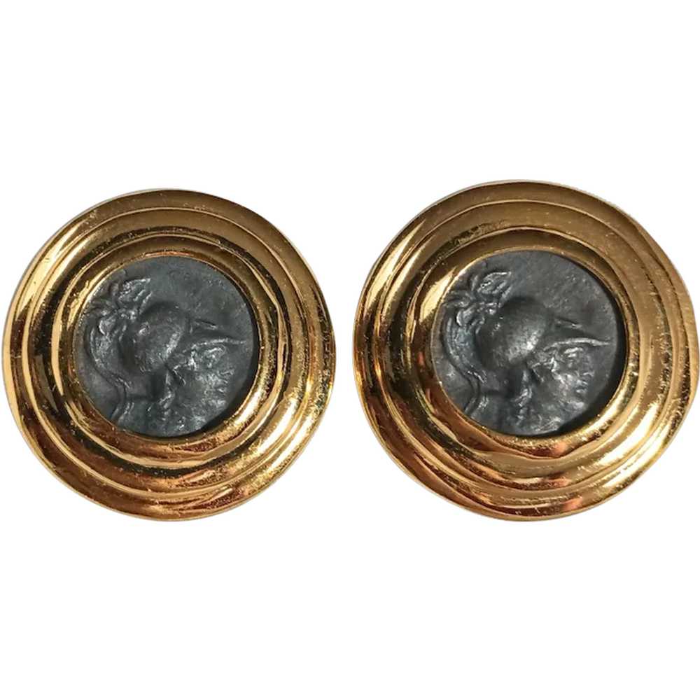 Carolee clip earrings ribbed gold tone silver Rom… - image 1