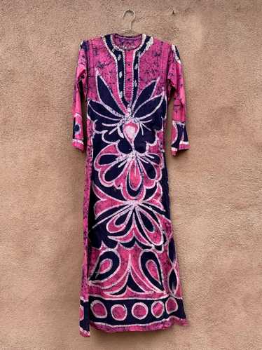 Hand Dyed 1960's Pink & Blue Cotton Batik Dress