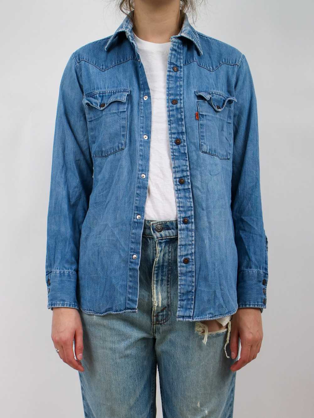 1990s Levis Lightwash Western Style Snap Front De… - image 1