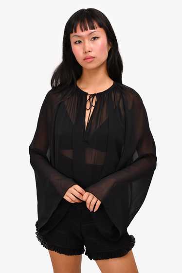 Frame Black Silk Sheer Neck Tie Long Bell Sleeve T