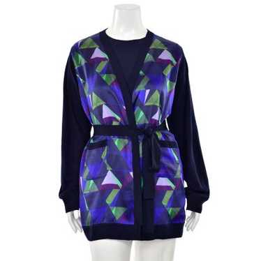 St. John Knits Geo Print Belted Cardigan in Navy/M