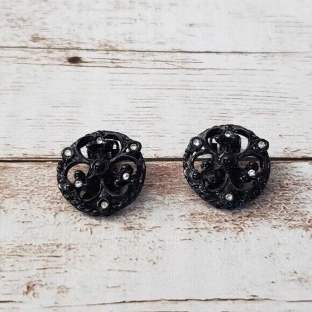 Other Vintage Clip On Earrings Black & Clear Gem … - image 1