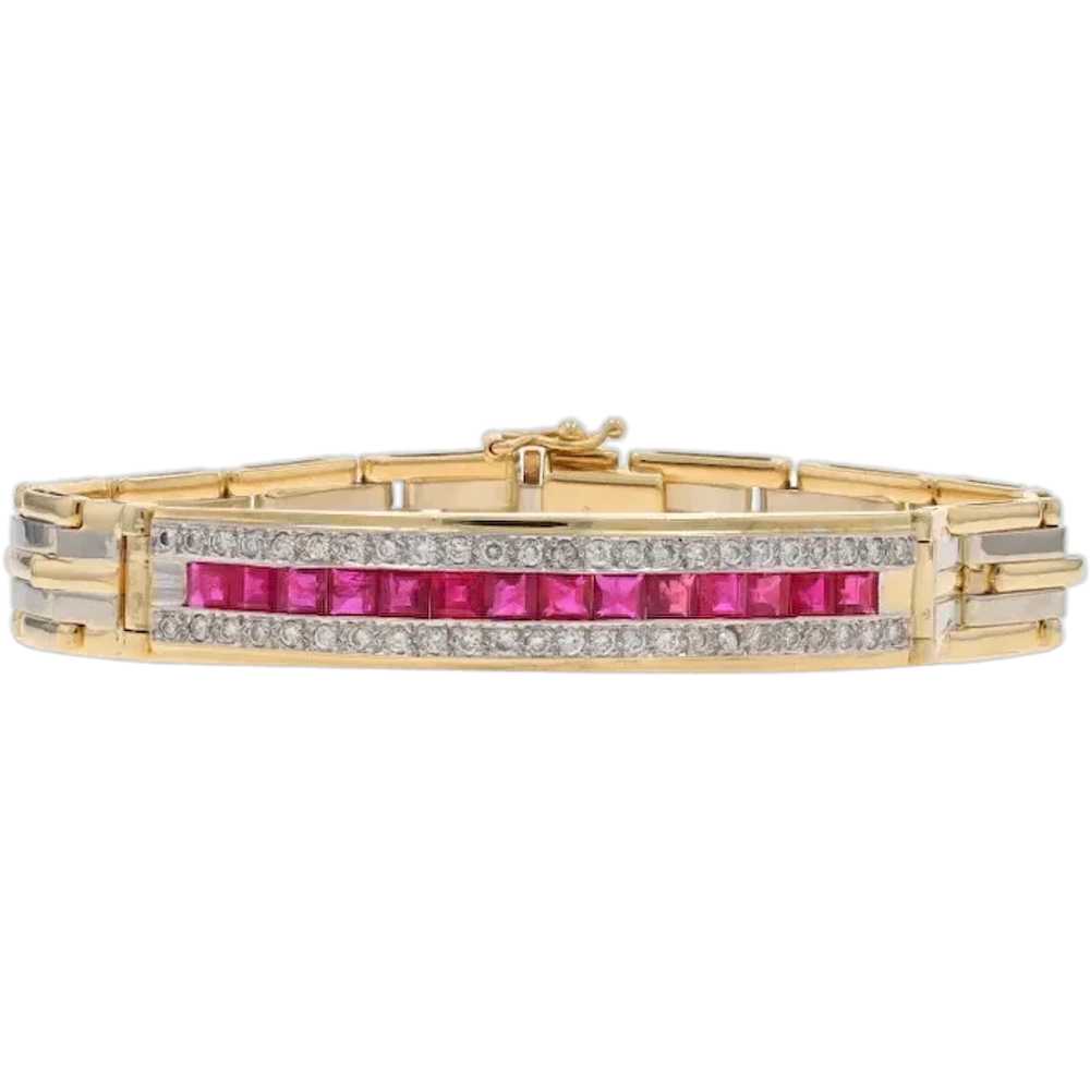 Yellow Gold Ruby Diamond Curved Bar Bracelet 7 1/… - image 1