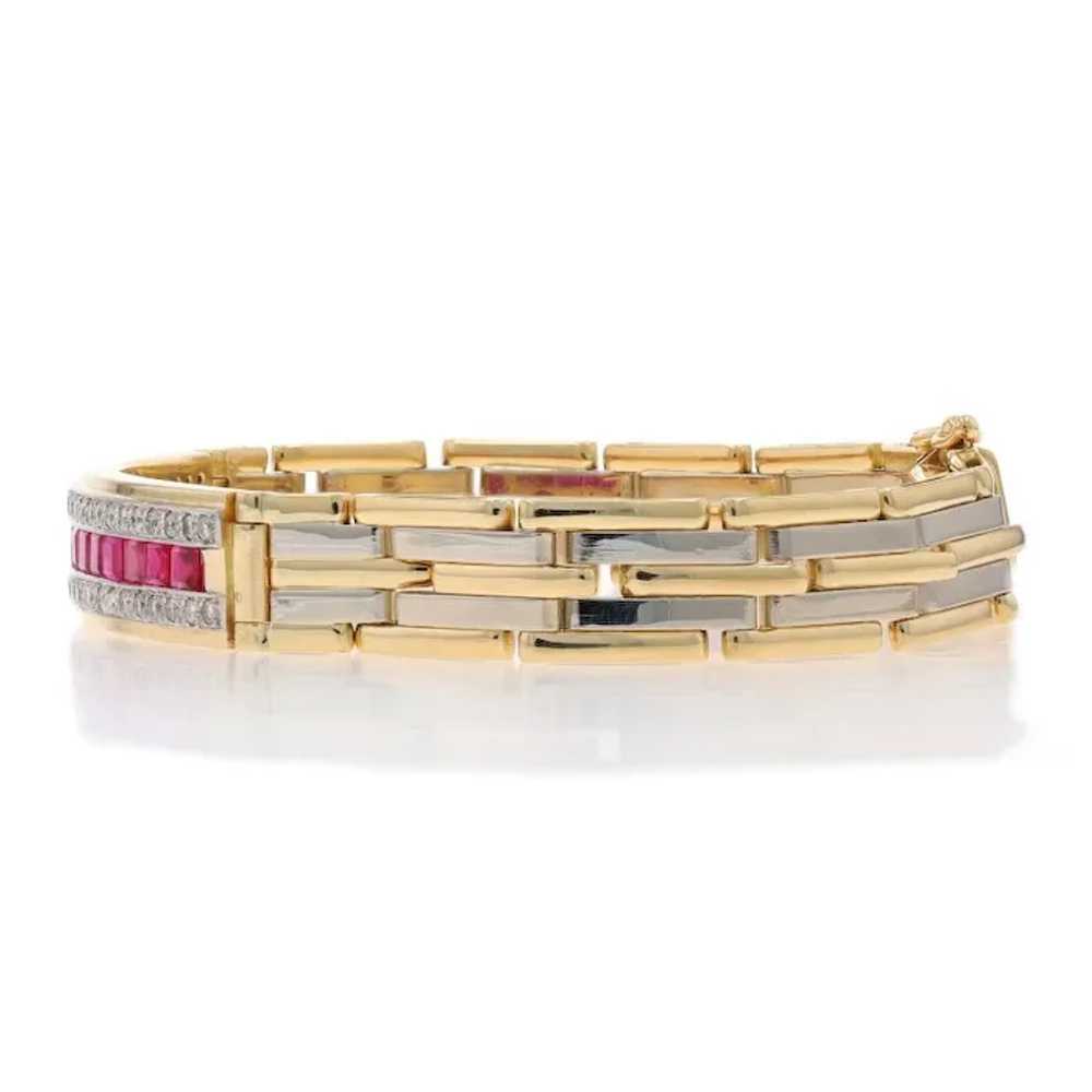 Yellow Gold Ruby Diamond Curved Bar Bracelet 7 1/… - image 4