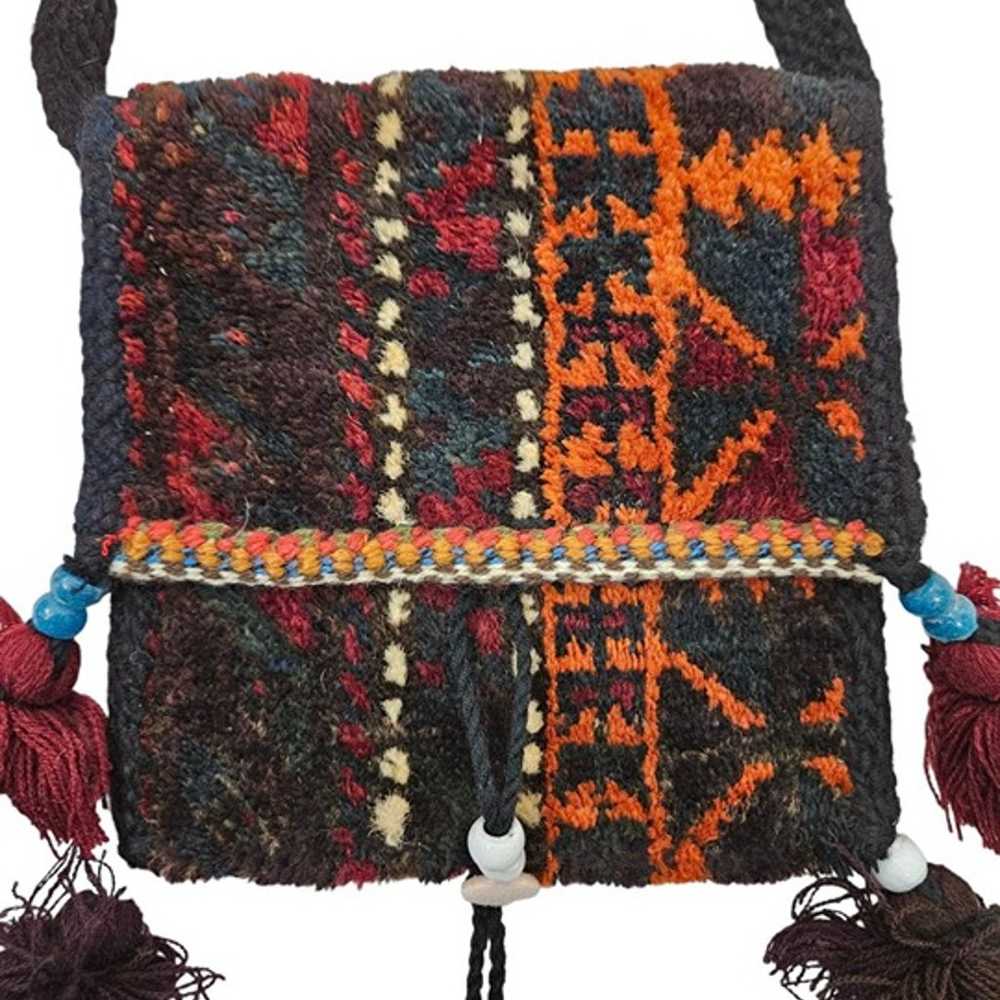 Jewel Tone Wool Rug Tapestry Bag Beads & Tassels … - image 2