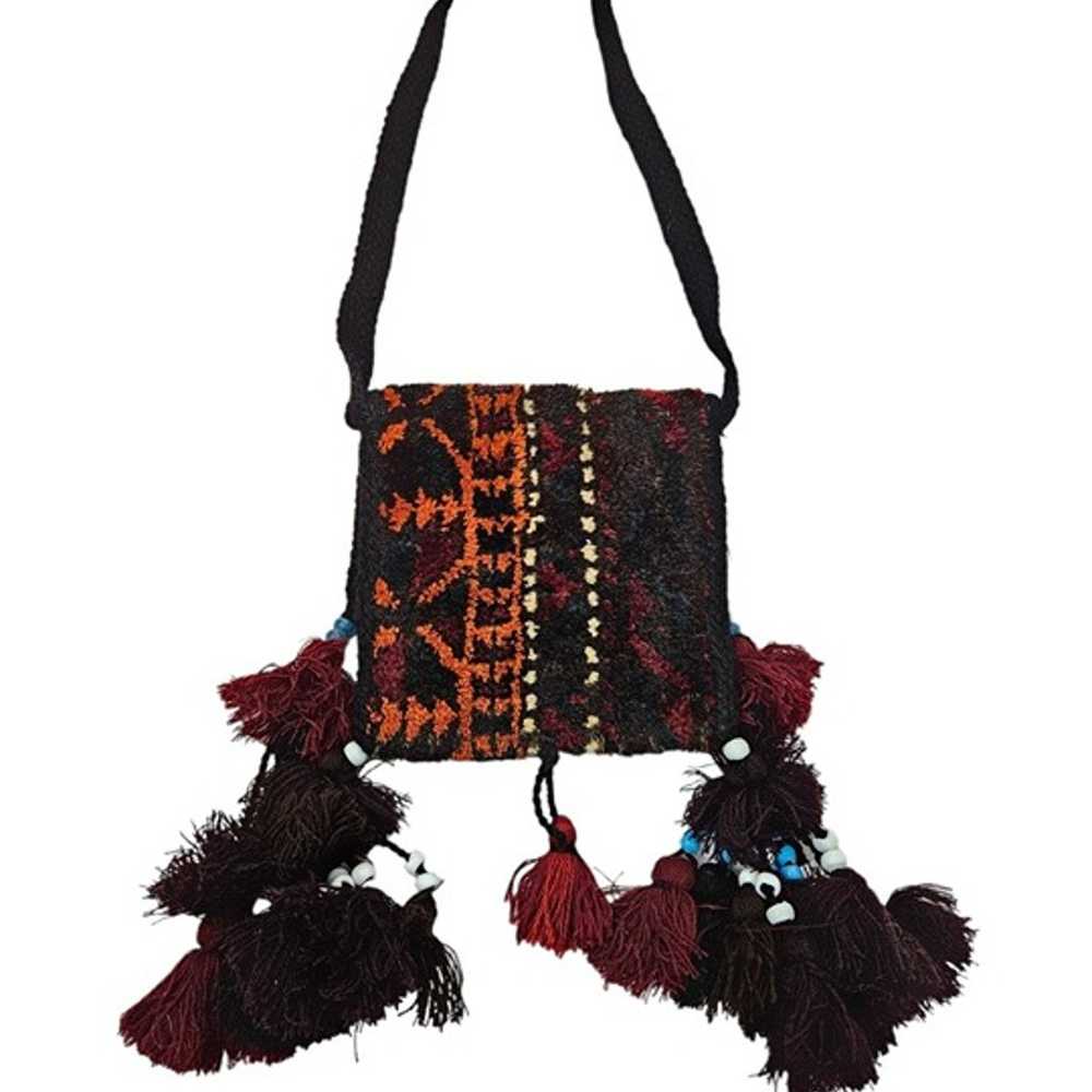 Jewel Tone Wool Rug Tapestry Bag Beads & Tassels … - image 3