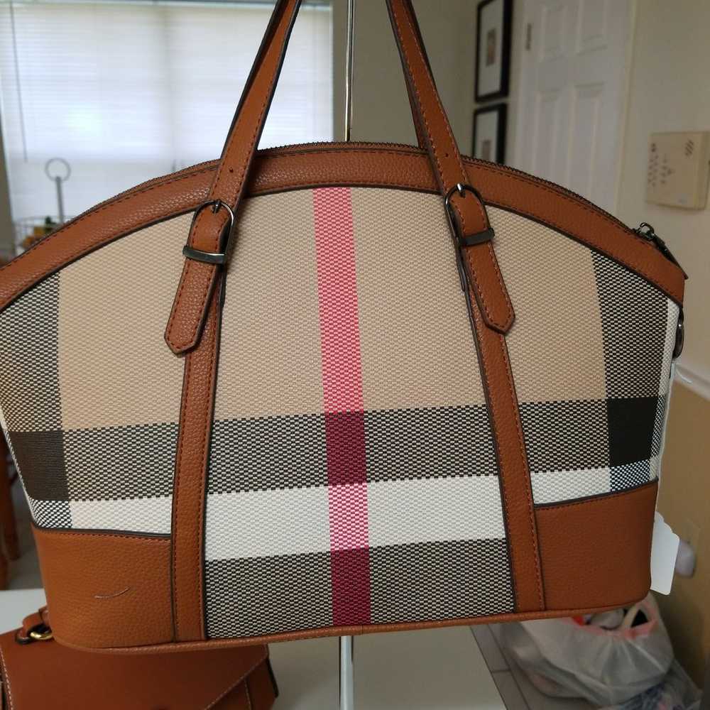 Plaid and tan satchel - image 1