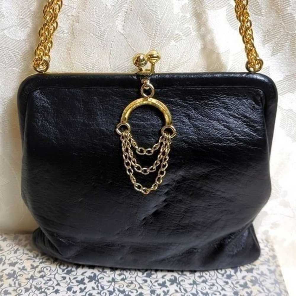 Vintage Black Leather Chain Crossbody Evening Bag - image 2